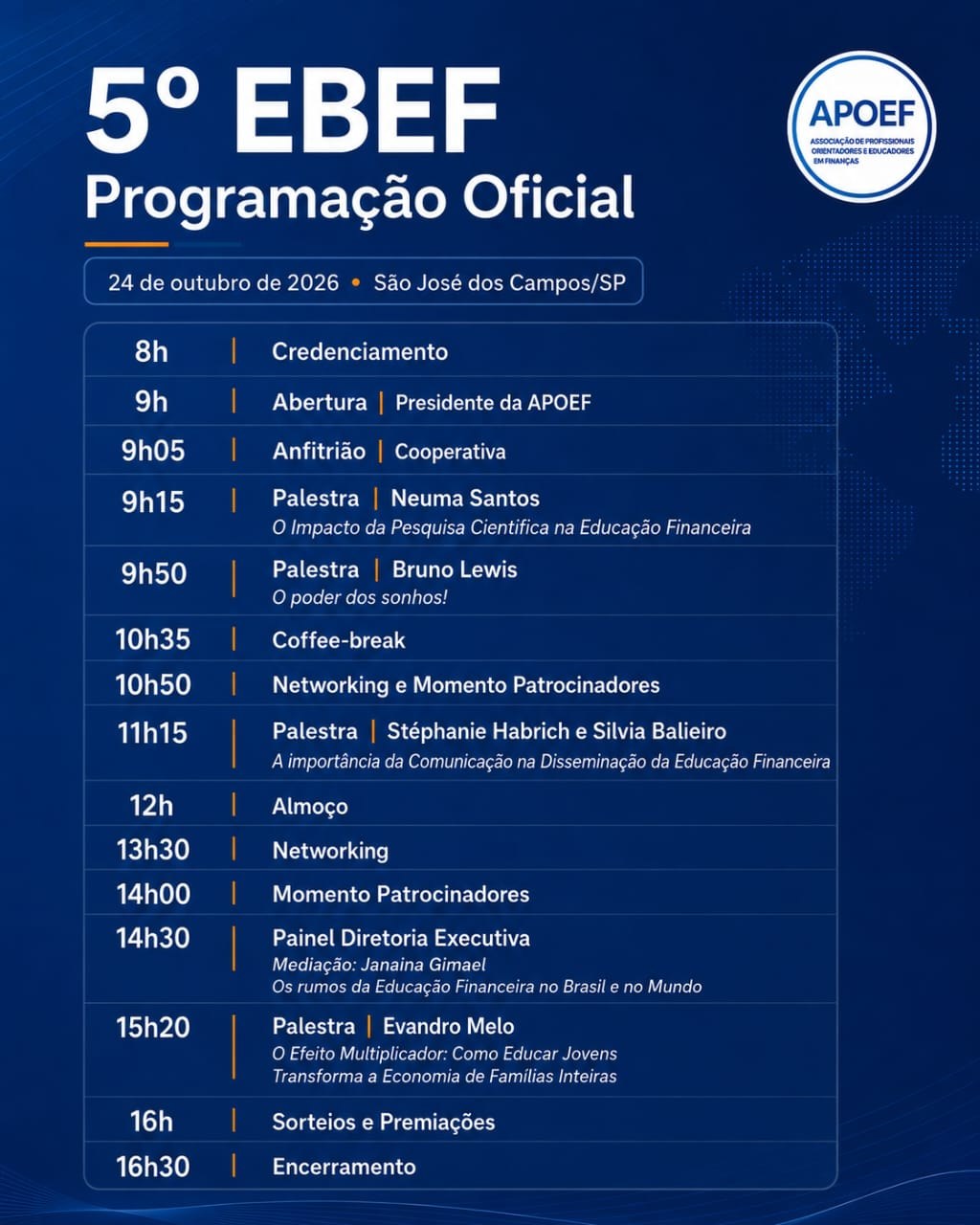 Programação oficial do 5º EBEF — 24 de outubro de 2026, São José dos Campos/SP